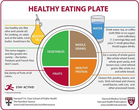 A Healthy Eating Plate with a balance of Vegetables, Whole Grains, Healthy Protein and Fruits. Courtesy of Harvard Medical School.